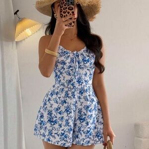 Islaluna Women's Vacation Style Bow Tie Strap Fitted Blue Ditsy Floral Jumpsuit